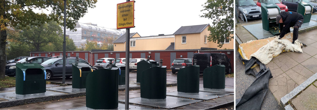 Vaktmästaren städar vid sopstationen.